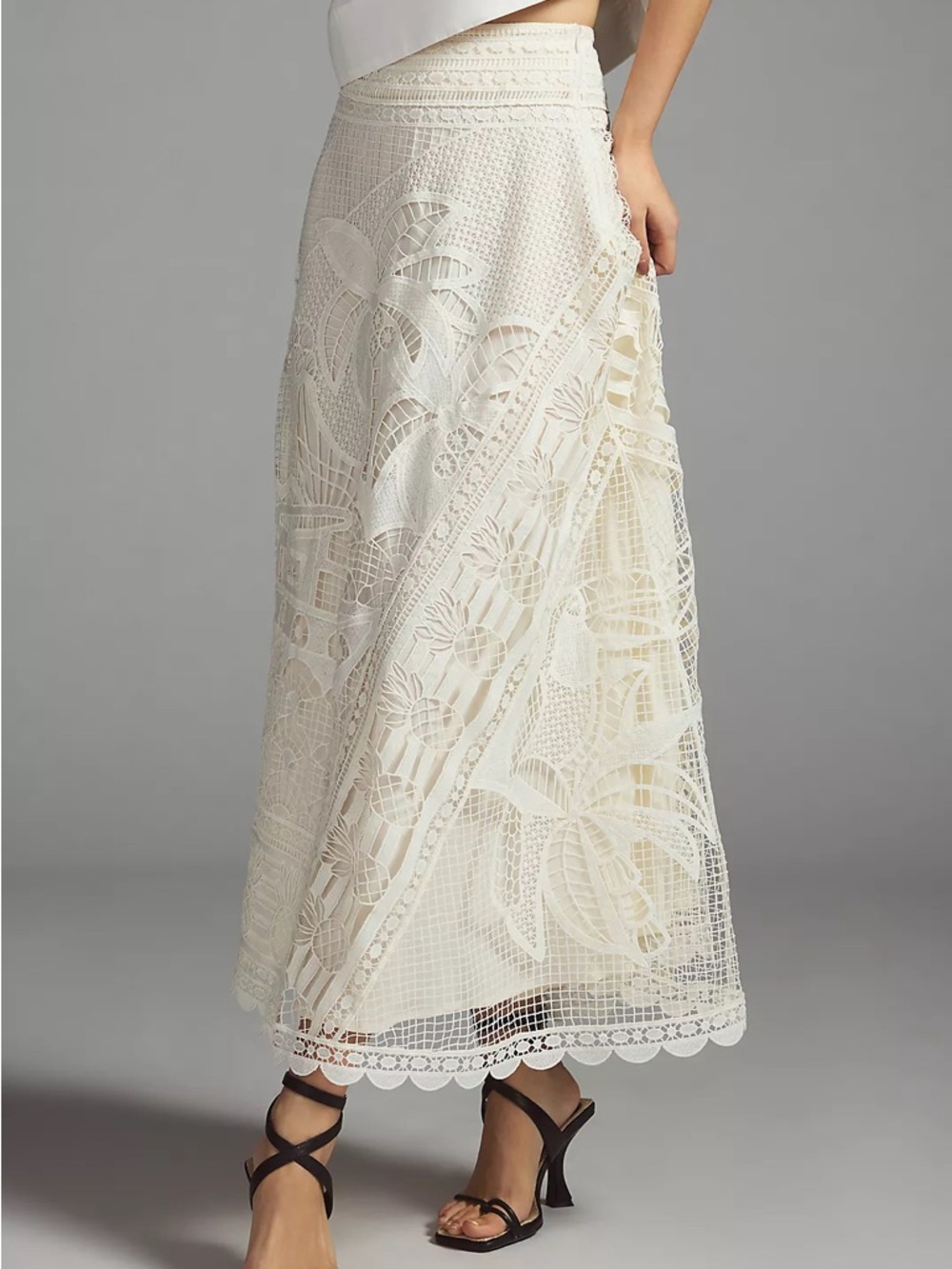 EUC FARM RIO ANTHROPOLOGIE Guipure White Maxi Skirt S Embroidered Cream Brazil - Picture 13 of 13